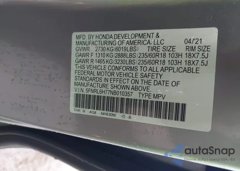 2022 Honda Odyssey Ex-L z USA, uszkodzony, nr VIN 5FNRL6H77NB010357